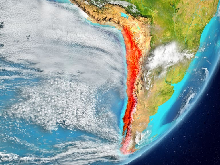 Satellite view of Chile highlighted in red on planet Earth with clouds. 3D illustration. Elements of this image furnished by NASA. 3D model of planet created and rendered in Cheetah3D software, 7 Dec 2017. URL of the source map: https://visibleearth.nasa.gov/view.php?id=57752