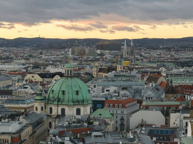 Panoramic view of Vienna from the South Tower of St. Stephen Cathedral or Stephansdom, main catholic church in Vienna, Austria. January 2022 (Photo by Maxym Marusenko/NurPhoto via Getty Images)
