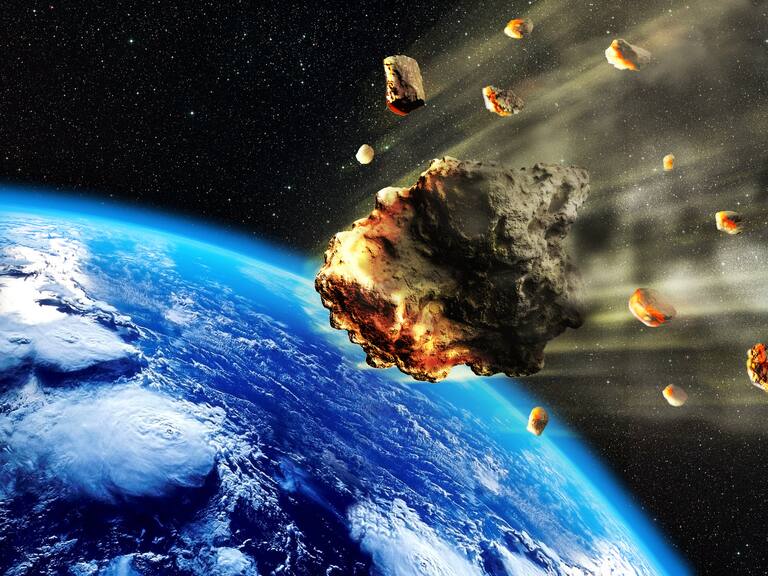 3D rendering of a swarm of Meteorites or asteroides entering the Earth atmosphere.