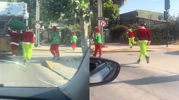 Recolectores de basura sorprenden a los vecinos de Puente Alto disfrazados del “Viejito Pascuero” y del “Grinch”