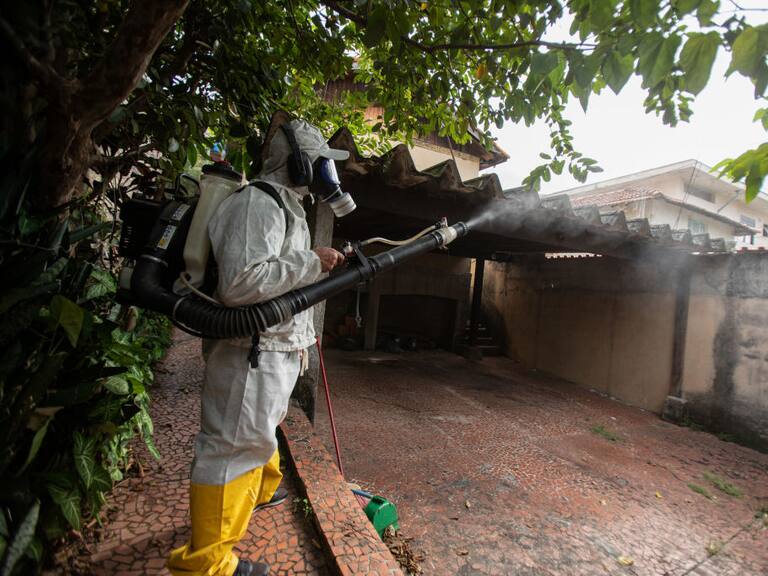 Un trabajador fumiga un barrio de Sao Paulo en Brasil contra el mosquito que provoca el dengue.