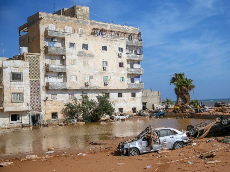 DERNA, LIBYA - SEPTEMBER 17: A view of devastation as search and rescue operation teams from various countries, especially Turkiye, continue their efforts after the floods caused by the Storm Daniel ravaged the region, in Derna, Libya on September 17, 2023. At least 11,300 people have been killed and thousands more are still missing following the floods caused by Mediterranean storm Daniel, according to the UN Humanitarian Office (OCHA); more than 40,000 people have been displaced across Libya&#039;s northeastern areas by the deadly floods, the UN office said. (Photo by Halil Fidan/Anadolu Agency via Getty Images)