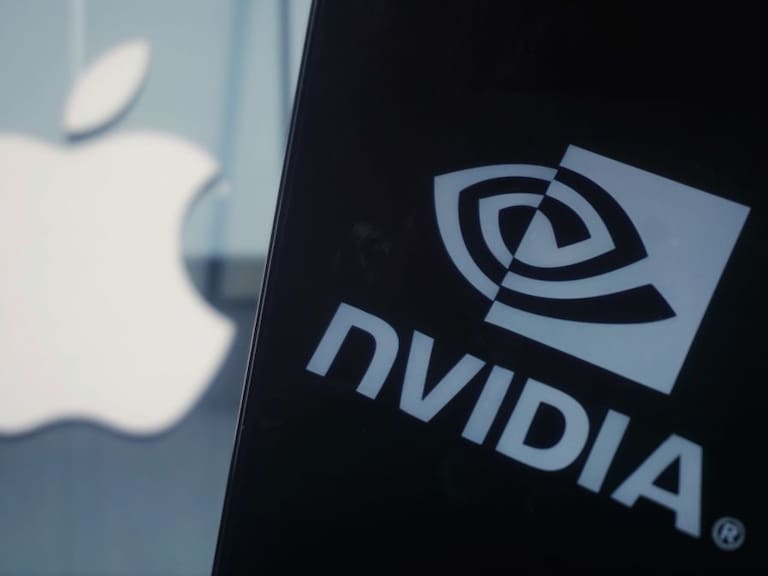 HANGZHOU, CHINA - JUNE 3, 2024 - The NVIDIA logo and the Apple logo are pictured in Hangzhou city, Zhejiang province, China, June 6, 2024. On June 5, Eastern time, Nvidia&#039;s stock market value exceeded $3 trillion, officially surpassing Apple&#039;s market value and becoming the world&#039;s second largest technology giant by market value. It is worth noting that in just over 3 months, Nvidia&#039;s market value soared from $2 trillion to $3 trillion. (Photo credit should read CFOTO/Future Publishing via Getty Images)